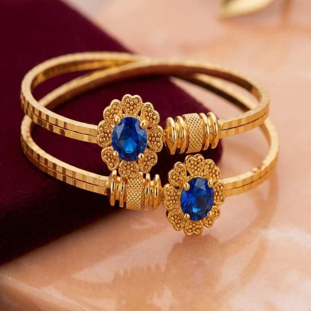 Gold Plated Blue Stone Floral Open Cuff Bracelet (Art No. 201) - Image 3