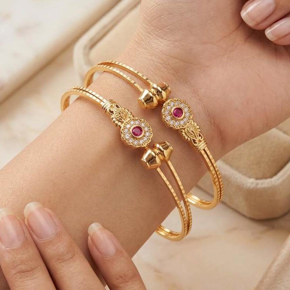 Gold Plated Ruby Floral Open Cuff Bracelet(Art No.210) - Image 4