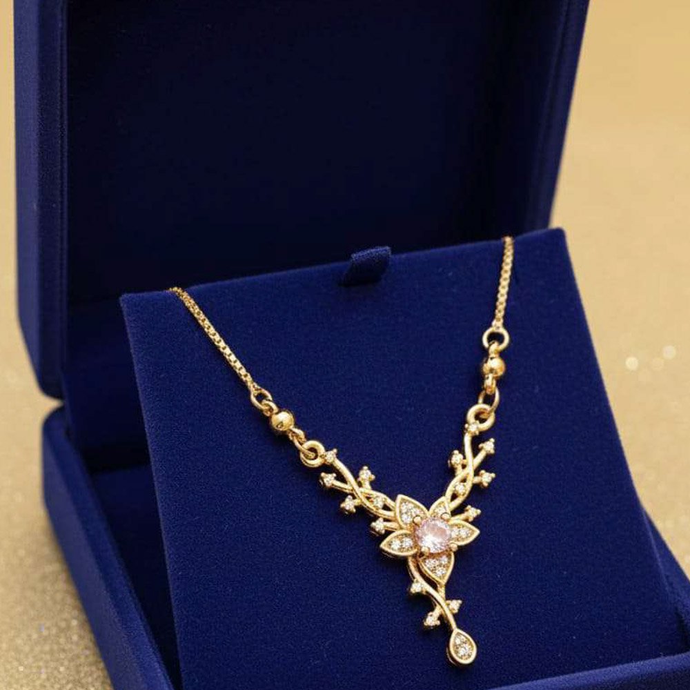 Gold Plated Pink Floral Crystal Pendant Necklace (Art No.192) - Image 3