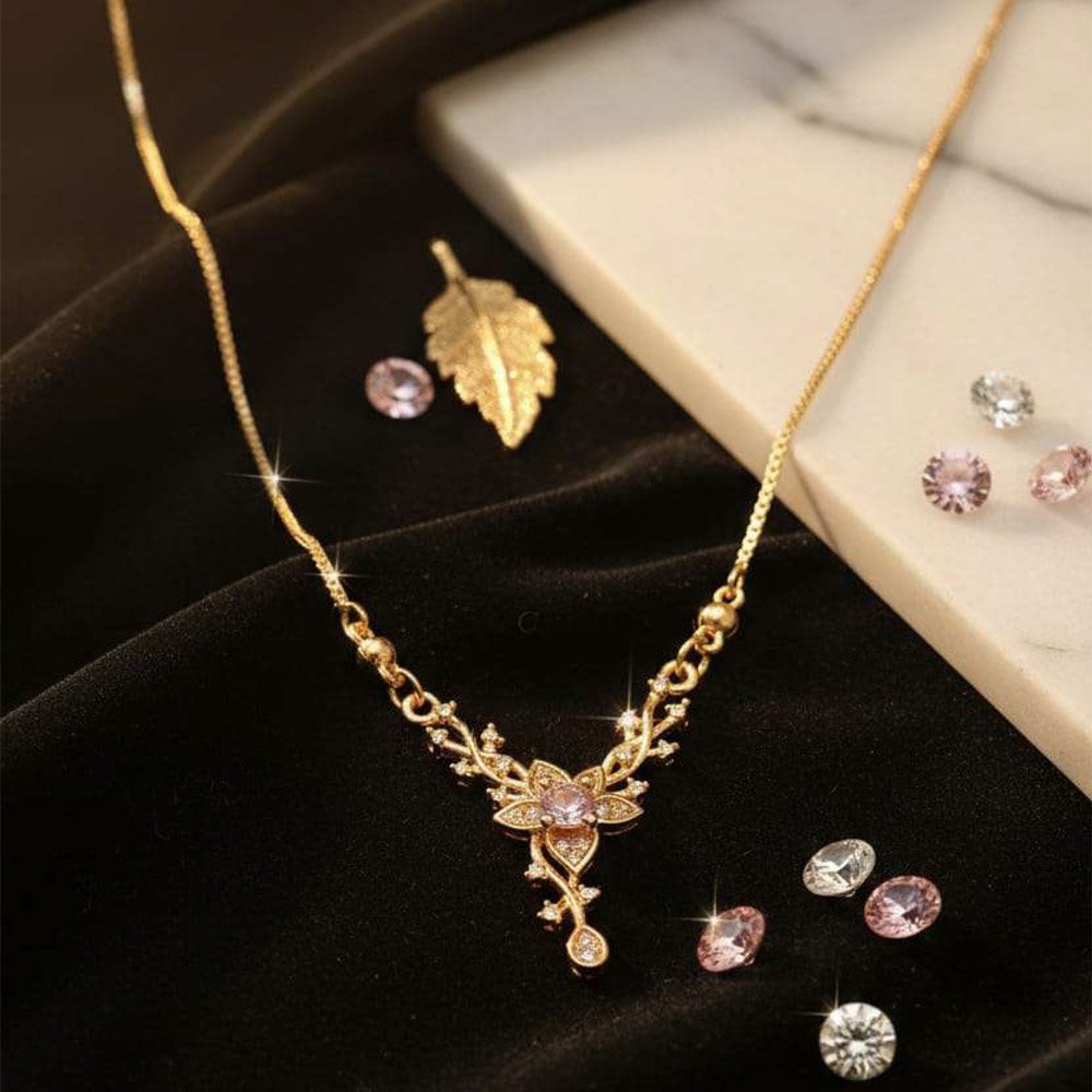 Gold Plated Pink Floral Crystal Pendant Necklace (Art No.192)