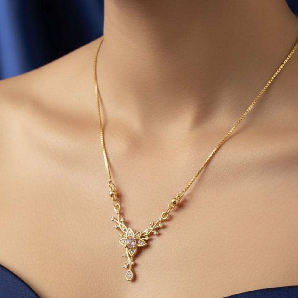 Gold Plated Pink Floral Crystal Pendant Necklace (Art No.192) - Image 2