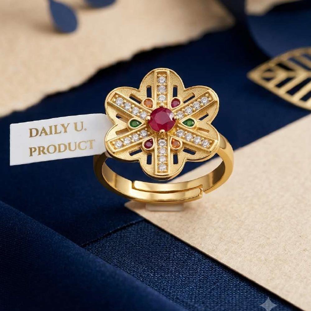 Gold Plated Floral Adjustable Ring for Women with AD Stones(Art No.25) - Image 3