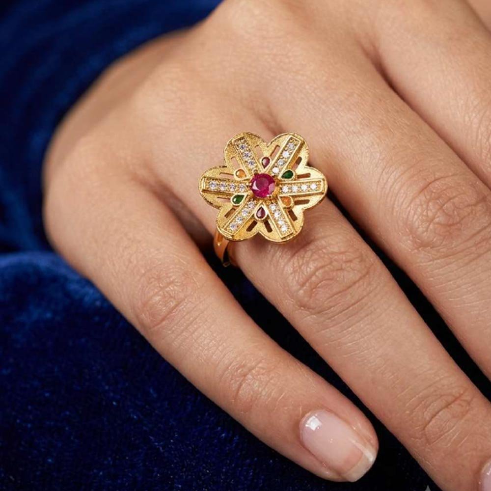 Gold Plated Floral Adjustable Ring for Women with AD Stones(Art No.25) - Image 2