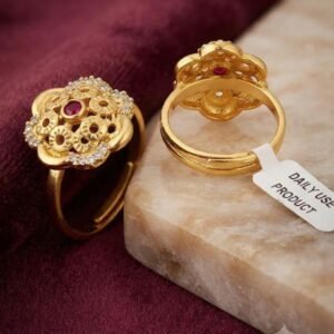 Gold Plated Floral Ruby CZ Adjustable Ring For Women (Art No.55)