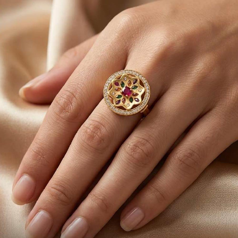 Traditional Gold Plated Adjustable Floral CZ Stone Ring ( Art No. 84) - Image 4