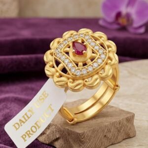Gold Plated AD Adjustable Floral Ring With Ruby Stone ( Art No. 69)