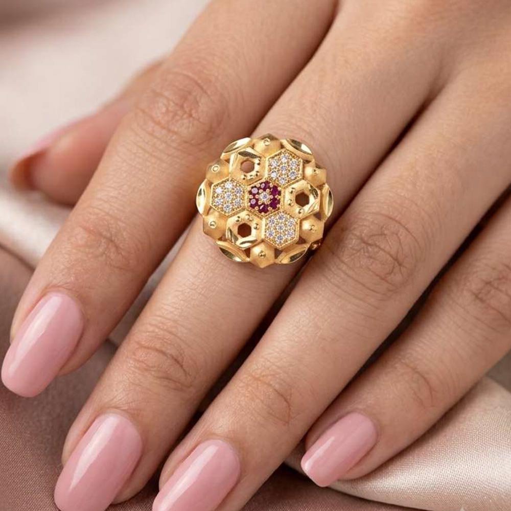 Traditional Gold Plated Honeycomb CZ Floral Adjustable Ring (Art No.38) - Image 2