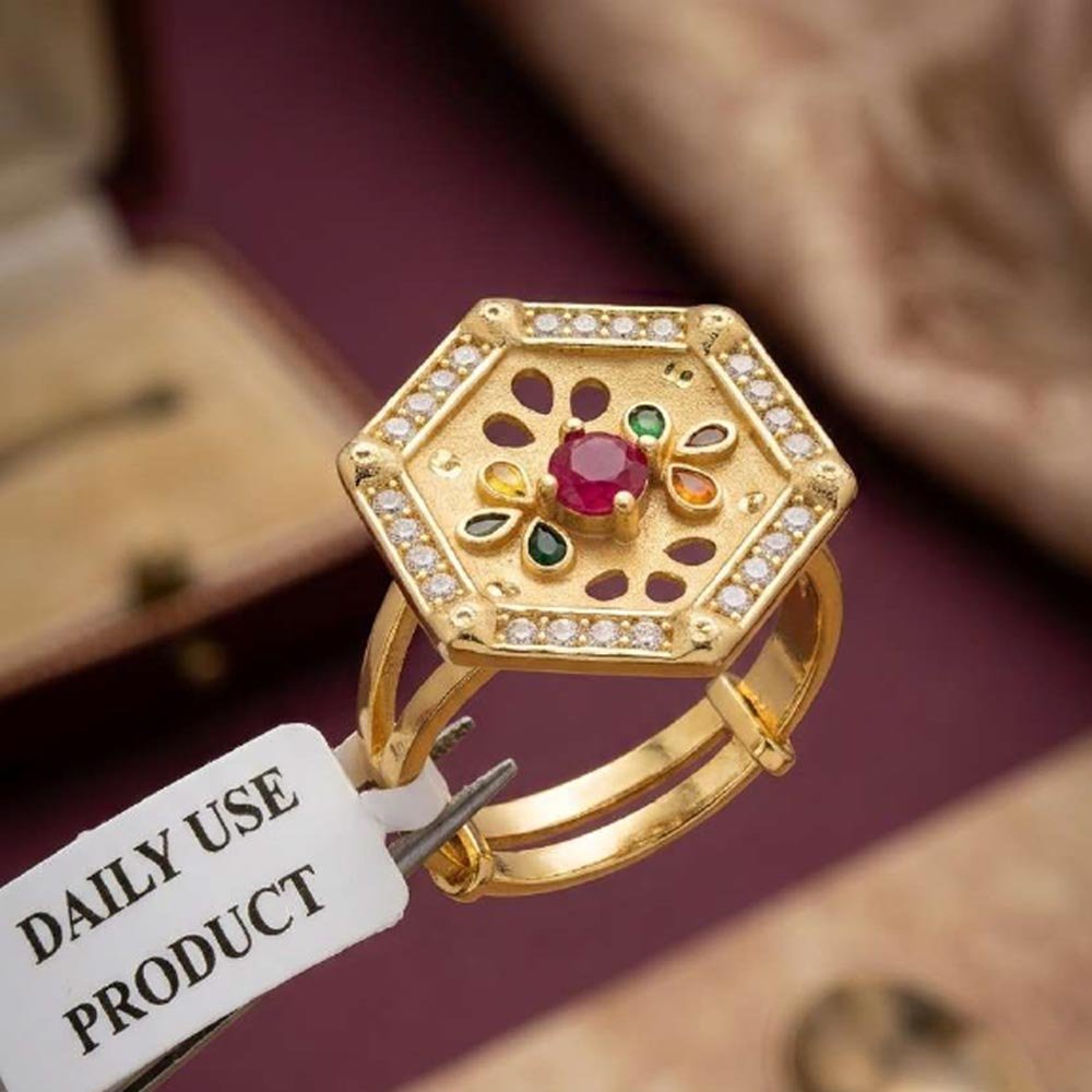 Elegant Gold Plated Hexagon Adjustable AD Stone Ring (Art No. 87)