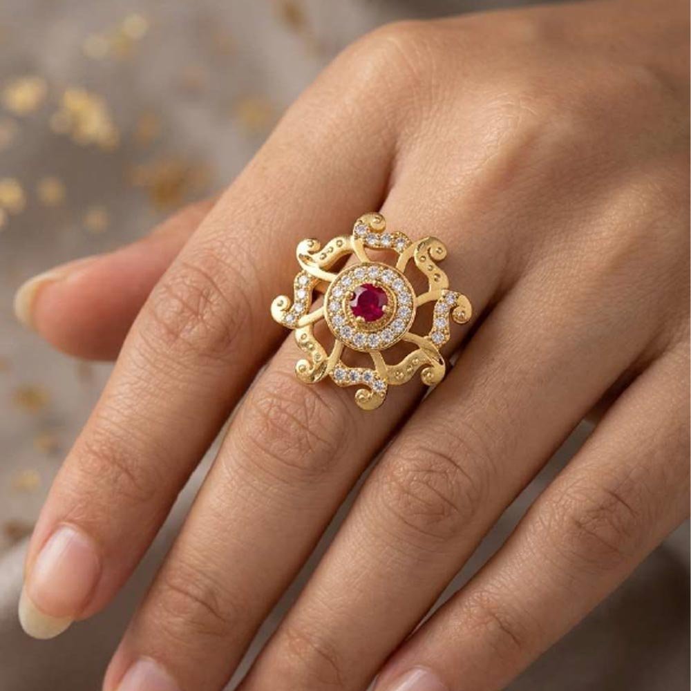 Traditiona Gold Plated Adjustable Ruby CZ Floral Ring (Art No. 85) - Image 2