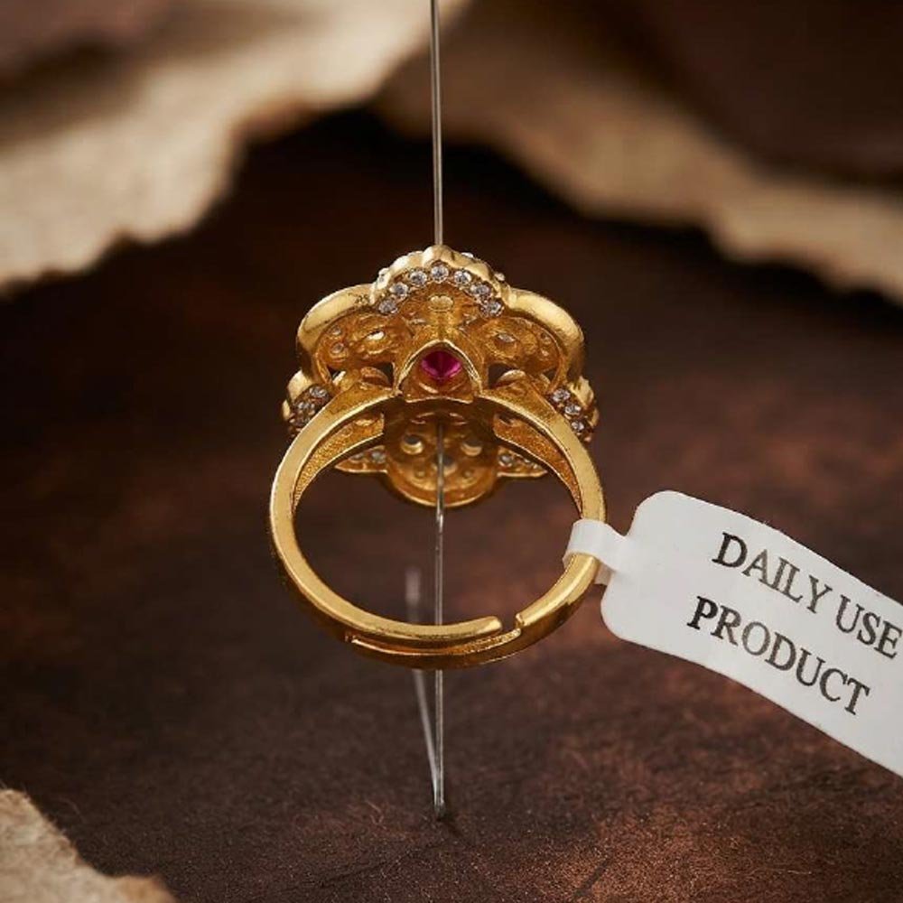 Gold Plated Floral Ruby CZ Adjustable Ring For Women (Art No.55) - Image 2