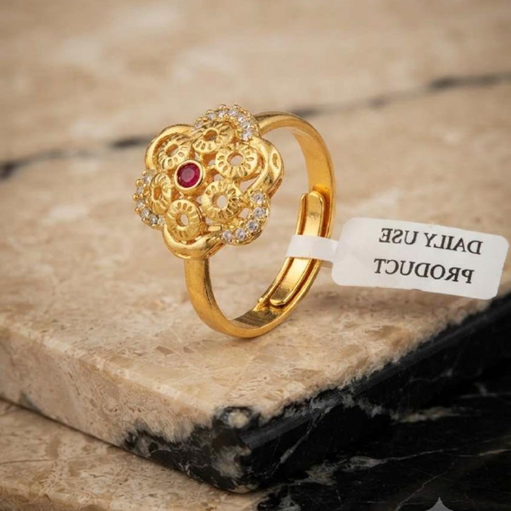 Gold Plated Floral Ruby CZ Adjustable Ring For Women (Art No.55) - Image 4