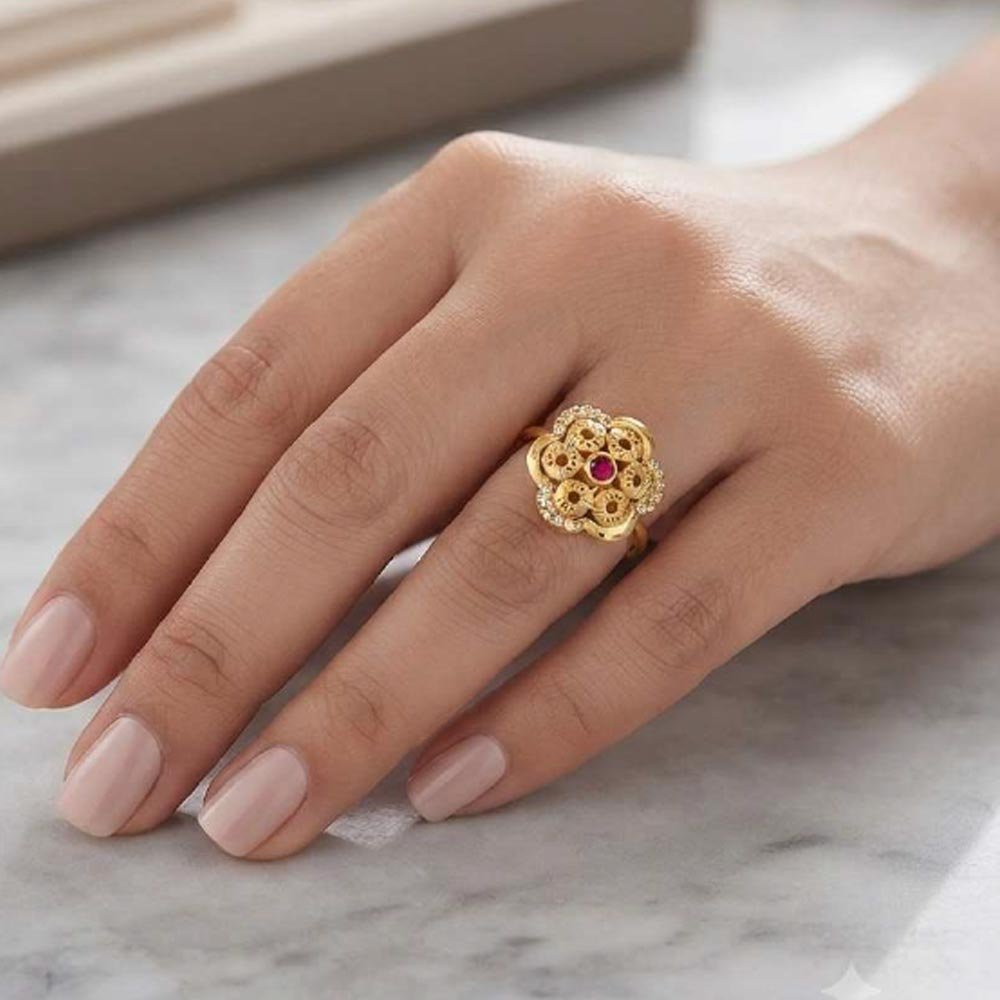 Gold Plated Floral Ruby CZ Adjustable Ring For Women (Art No.55) - Image 3