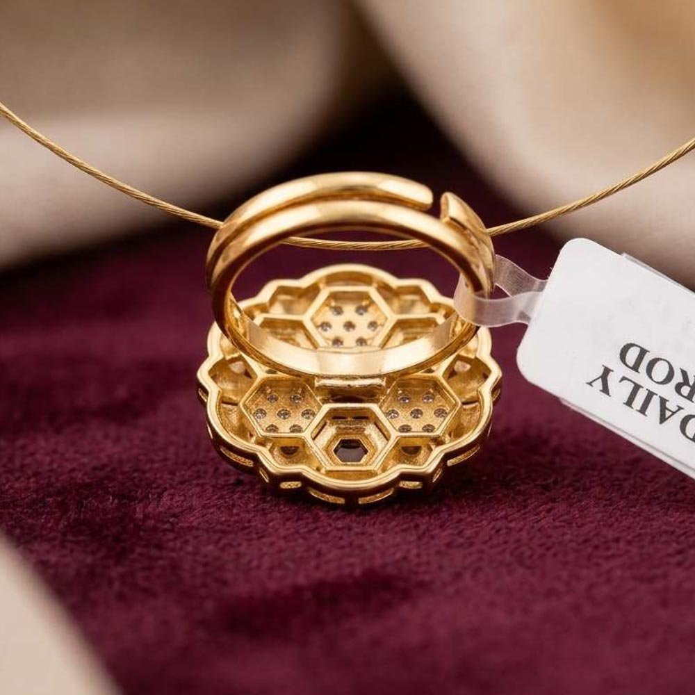 Traditional Gold Plated Honeycomb CZ Floral Adjustable Ring (Art No.38) - Image 3