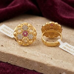 Traditional Gold Plated Honeycomb CZ Floral Adjustable Ring (Art No.38)