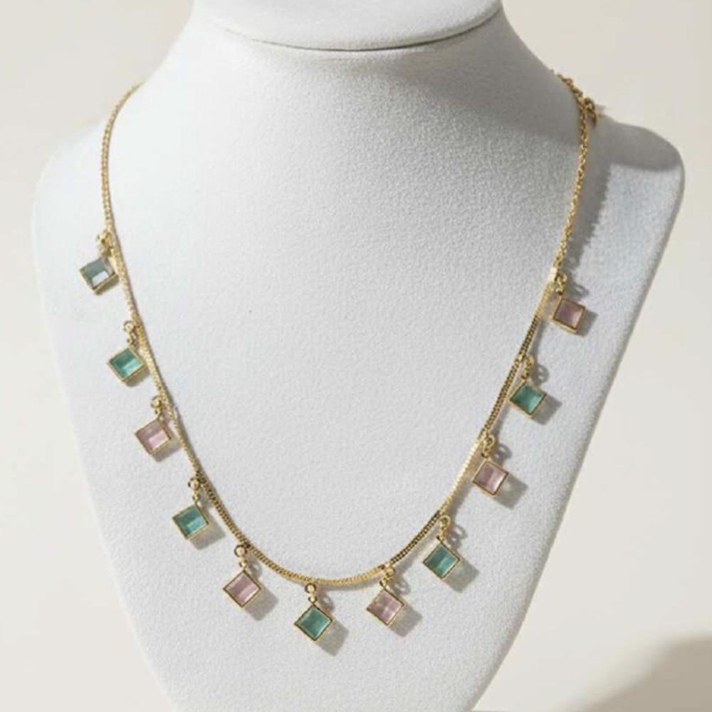 Gold Plated Pastel Stone Charm Chain Necklace (Art No. 133)
