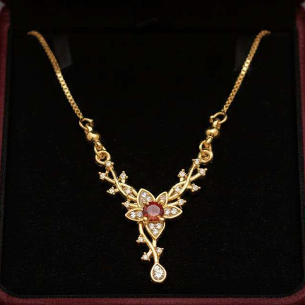 Gold Plated Ruby Floral Pendant Necklace (Art No.197) - Image 3