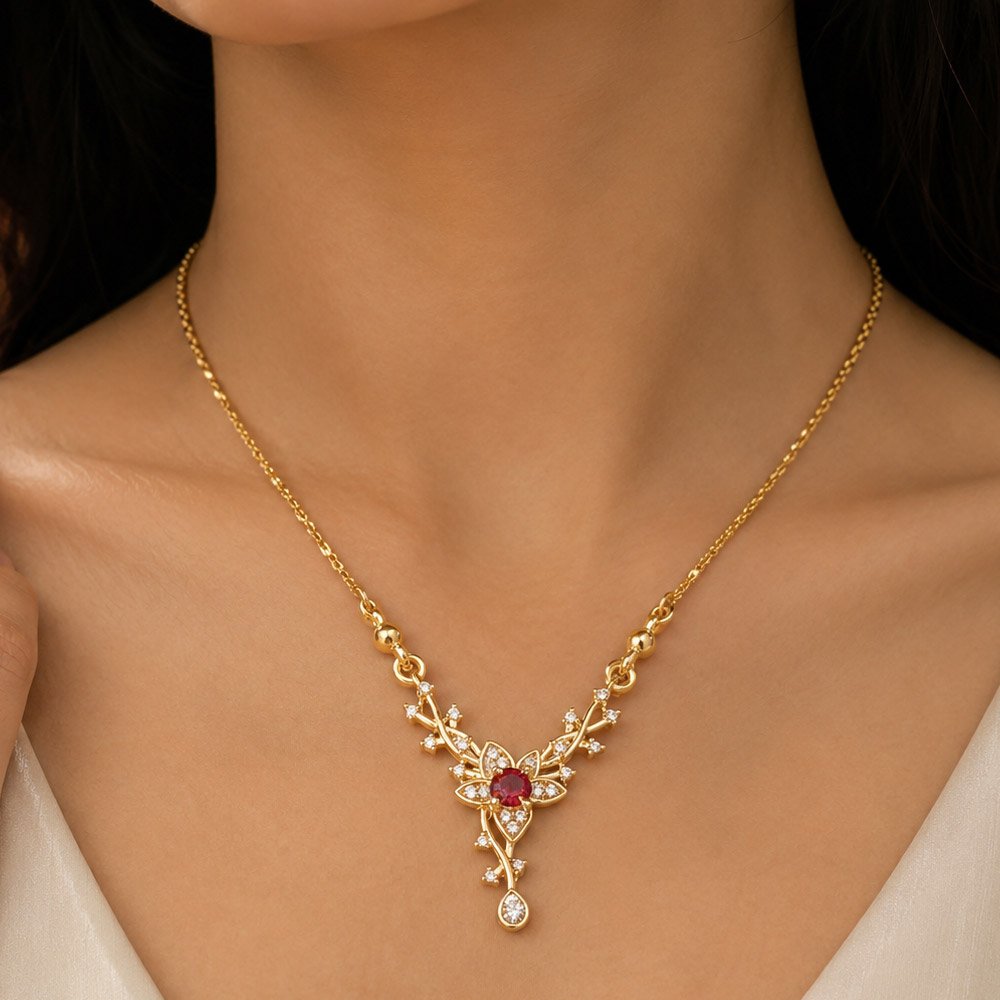 Gold Plated Ruby Floral Pendant Necklace (Art No.197) - Image 2