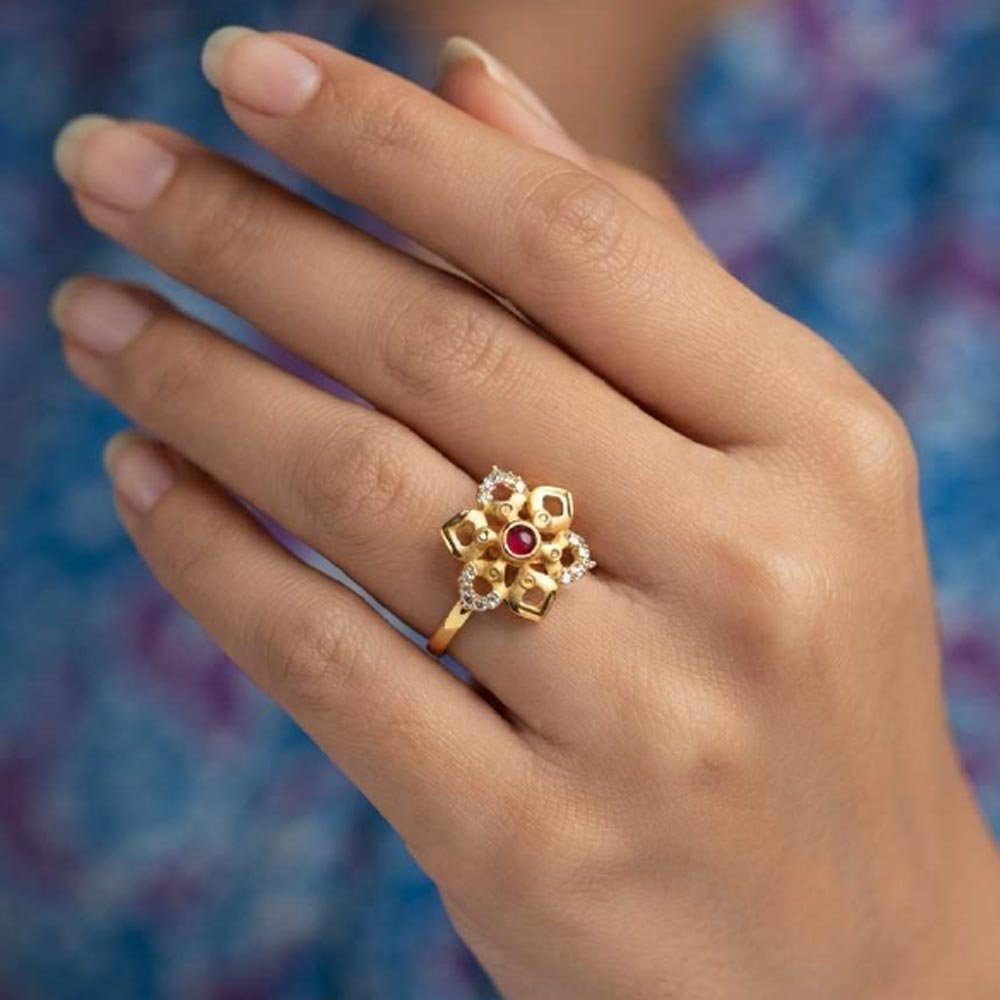 Gold Plated Floral Ruby CZ Adjustable Ring For Women(Art No.56) - Image 3