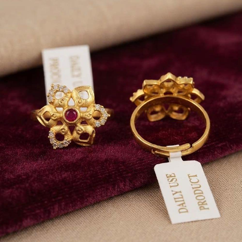 Gold Plated Floral Ruby CZ Adjustable Ring For Women(Art No.56)