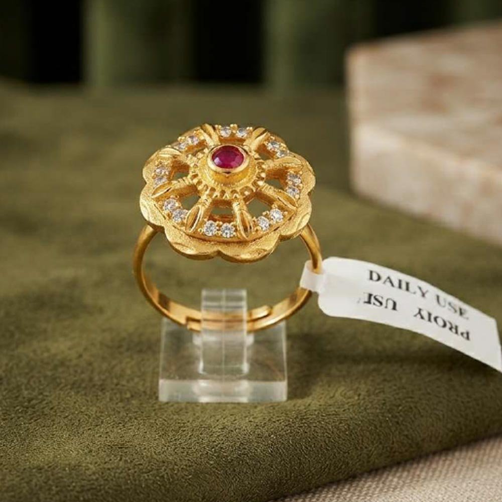 Traditional Gold Plated Ruby Floral CZ Adjustable Ring (Art No.44) - Image 3