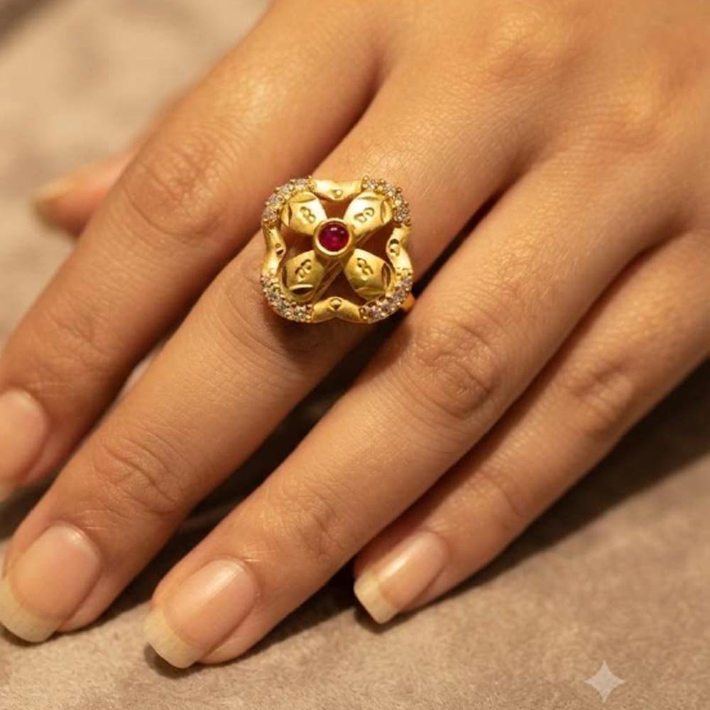 Gold Plated Ruby Floral Adjustable CZ Ring For Women(Art No.49) - Image 3