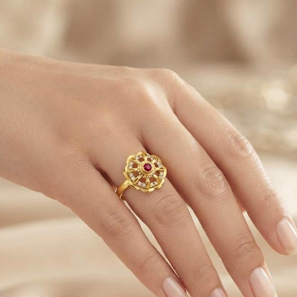Traditional Gold Plated Ruby Floral CZ Adjustable Ring (Art No.44) - Image 4