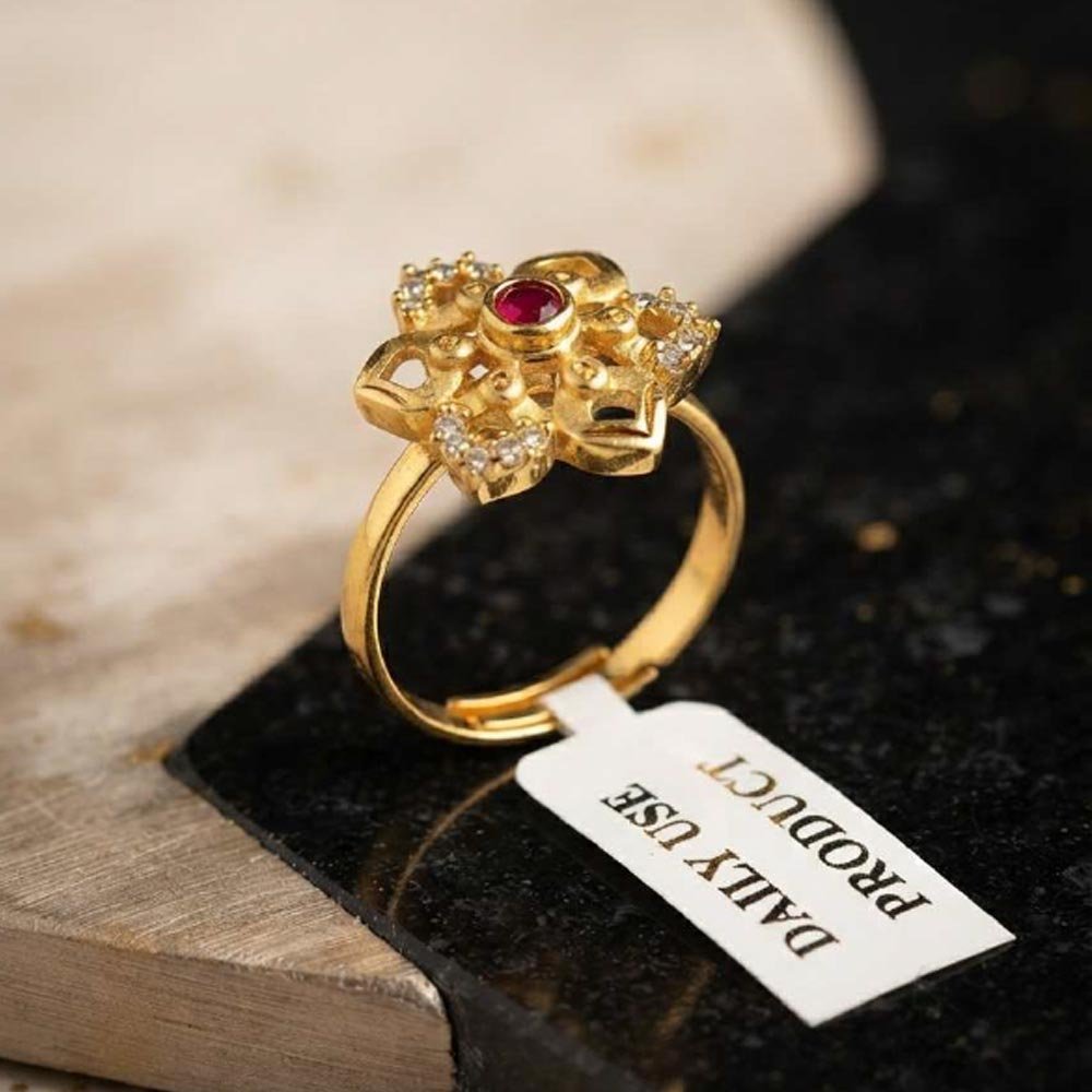 Gold Plated Floral Ruby CZ Adjustable Ring For Women(Art No.56) - Image 2
