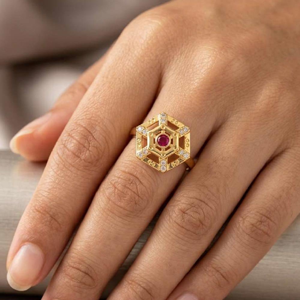 Beautiful Gold Plated Hexagon Ruby CZ Adjustable Ring For Women(Art No.51) - Image 2
