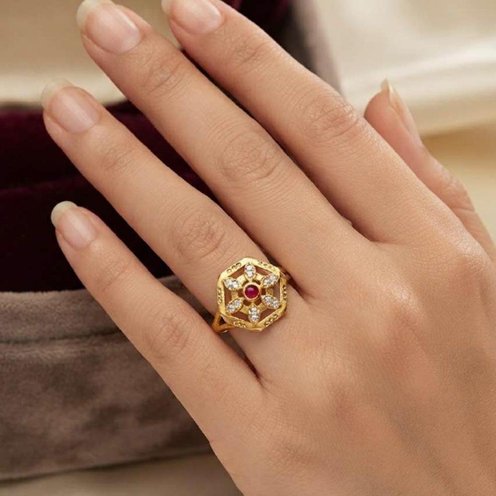 Gold Plated Ruby CZ Hexagon Adjustable Ring(Art No.46) - Image 4