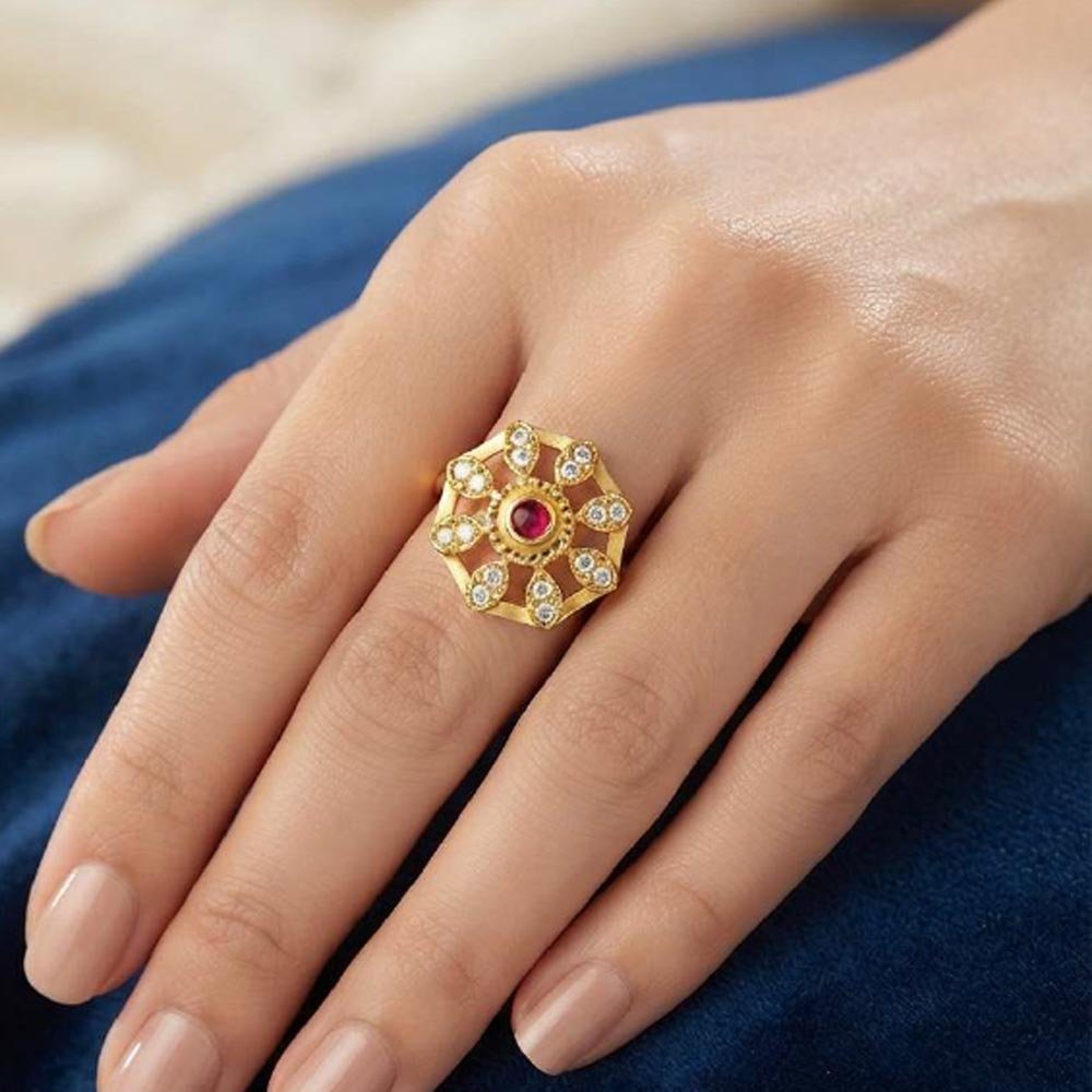 Traditional Gold Plated Ruby Hexagon CZ Adjustable Ring (Art No.41) - Image 4