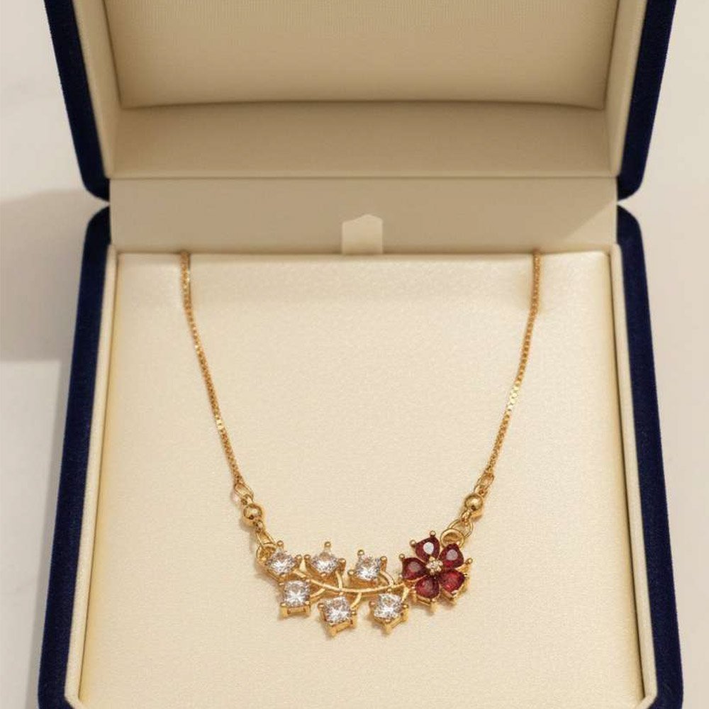 Gold Plated Red Floral CZ Stone Pendant Necklace (Art No.189) - Image 4