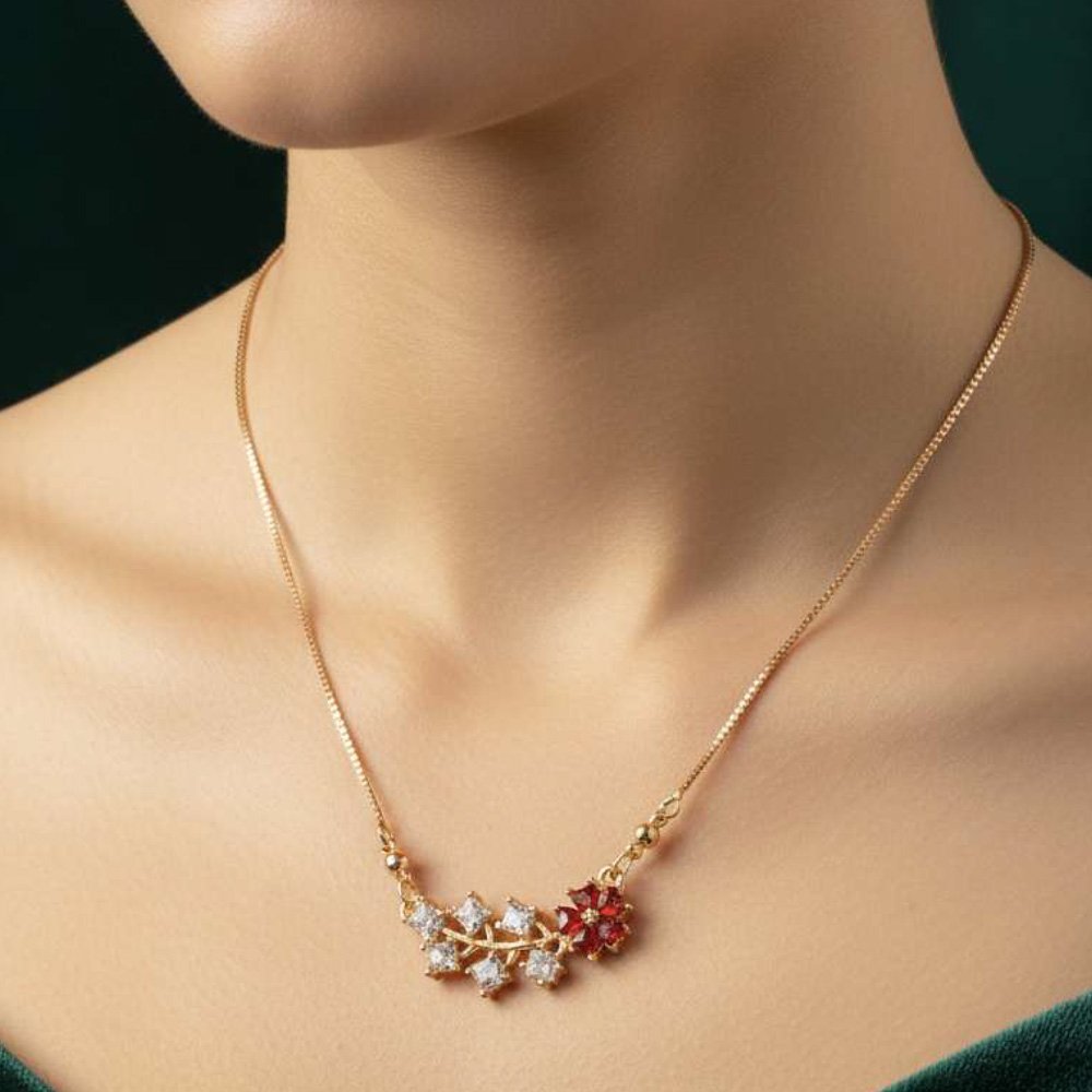 Gold Plated Red Floral CZ Stone Pendant Necklace (Art No.189) - Image 2
