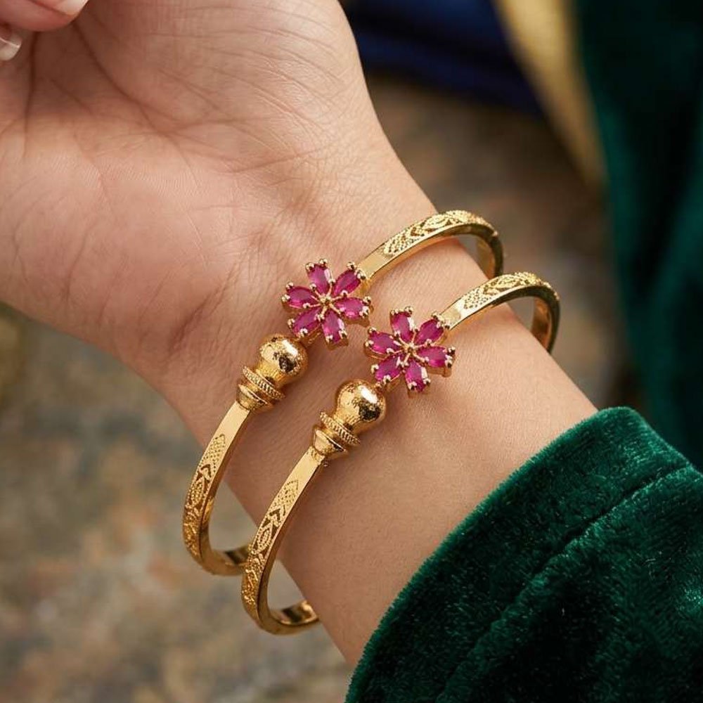 Traditional Gold Plated Pink Floral Openable Bangle (Art No.243)