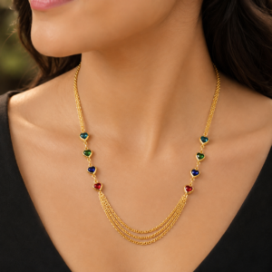 Gold Plated Multicolor Heart Stone Layered Chain Necklace (Art No.225)