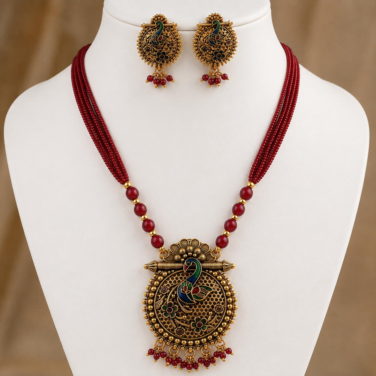 Gold Plated Peacock Pendant Maroon Beaded Necklace Set (Art No.228) - Image 2