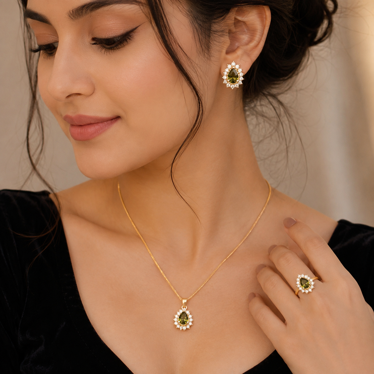 Traditional Gold Tone Green Stone Pendant Set With Earrings & Ring (Art No.280) - Image 4