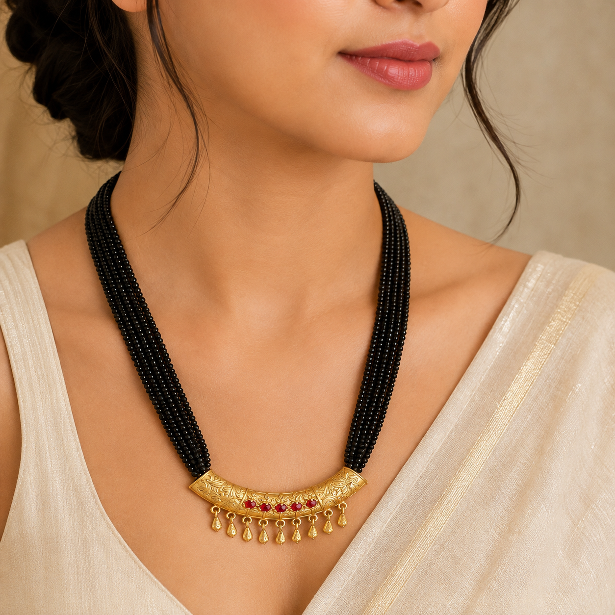 Traditional Gold Plated Black Beaded Necklace (Art No.276) - Image 4