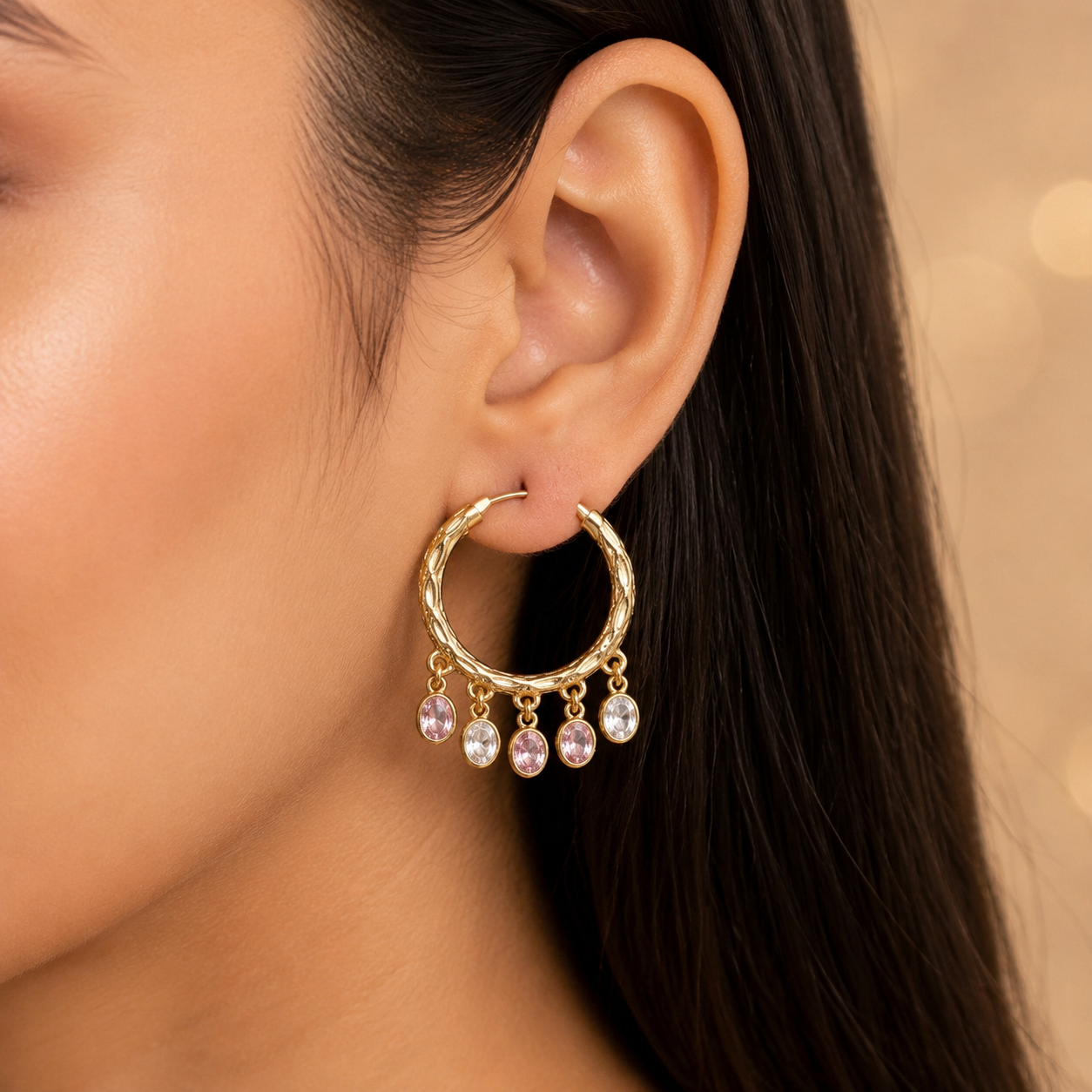 Gold Plated Oval Stone Hoop Earrings for Women and Girls (Art No.306) - Image 2