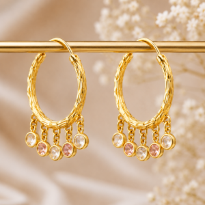 Gold Plated Pink Crystal Charm Hoop Earrings (Art No.304)