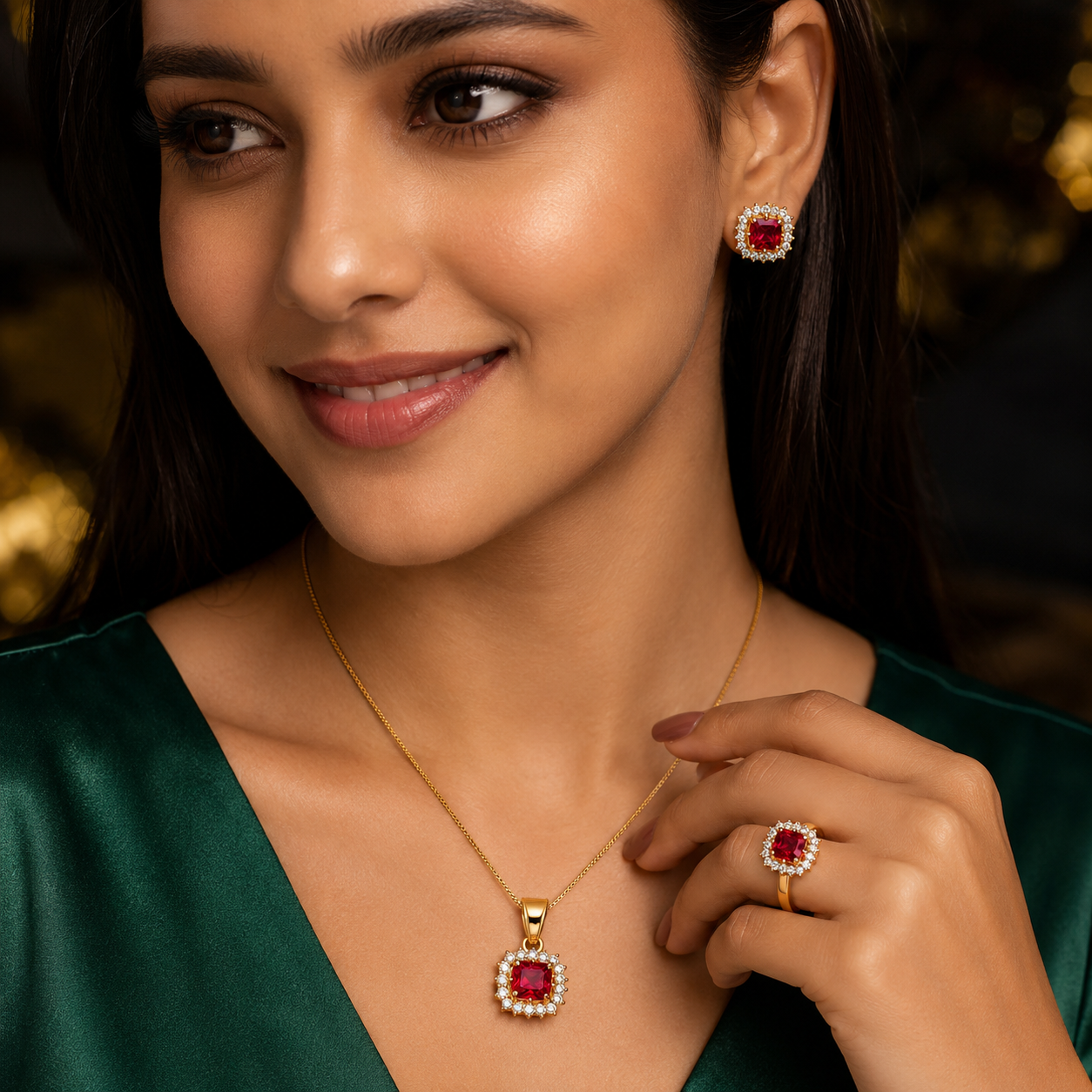 Gold Plated Pink Pendant Earring Ring Set for Women & Girls (Art No.307) - Image 2