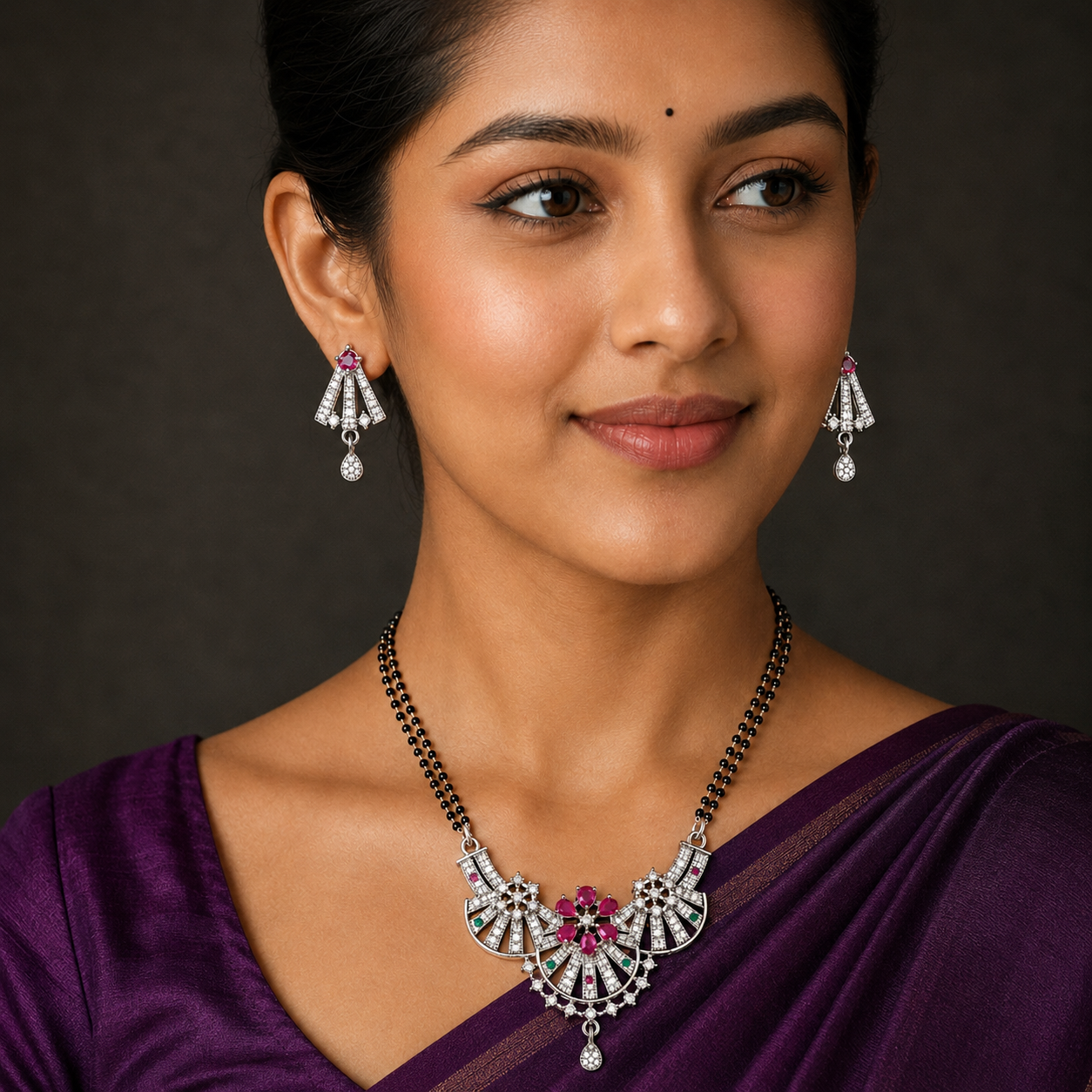 Gold Plated Purple Floral Mangalsutra Set with Earrings (Art No.377) - Image 3
