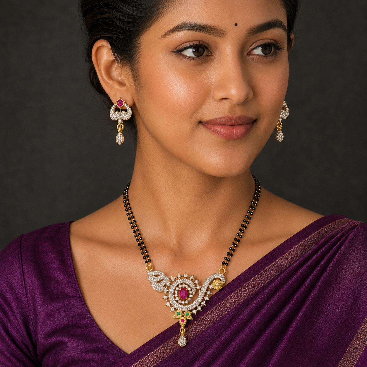 Gold Plated Purple Stone Mangalsutra Set with Earrings (Art No.380) - Image 3