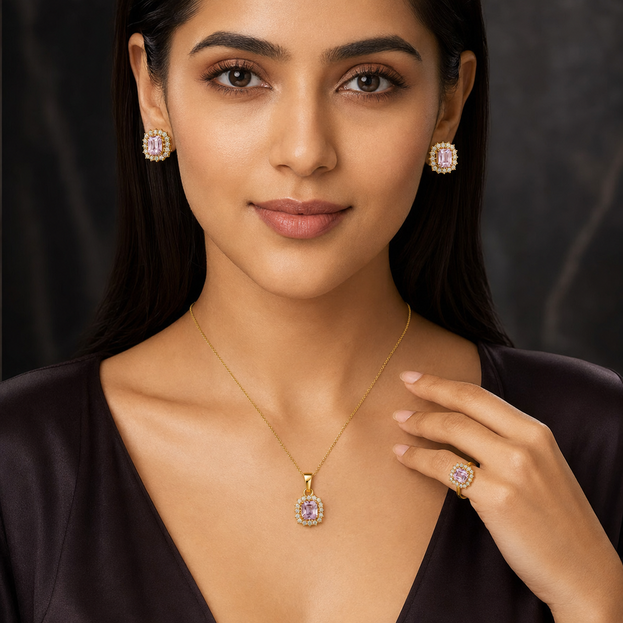 Gold Plated Light Purple Pendant, Earrings & Ring Set (Art No.358) - Image 3