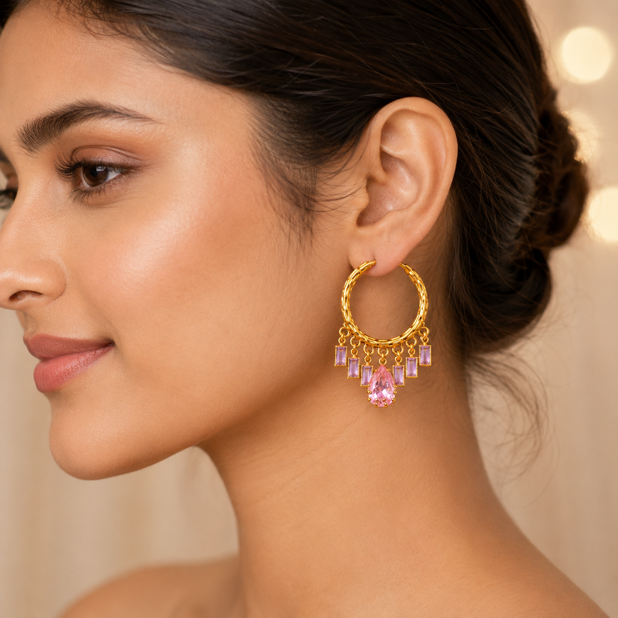 Gold Plated Pink Stone Hanging Hoop Earrings (Art No.361) - Image 2