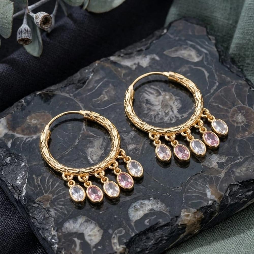 Gold Plated Oval Stone Hoop Earrings for Women and Girls (Art No.306) - Image 3