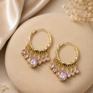 Gold Plated Lavender Stone Drop Hoop Earrings (Art No.310)