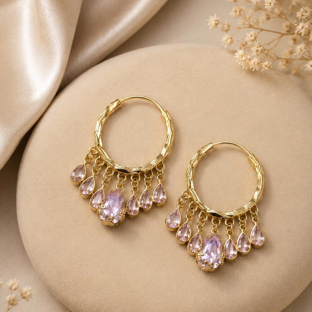 Gold Plated Lavender Stone Drop Hoop Earrings (Art No.310)