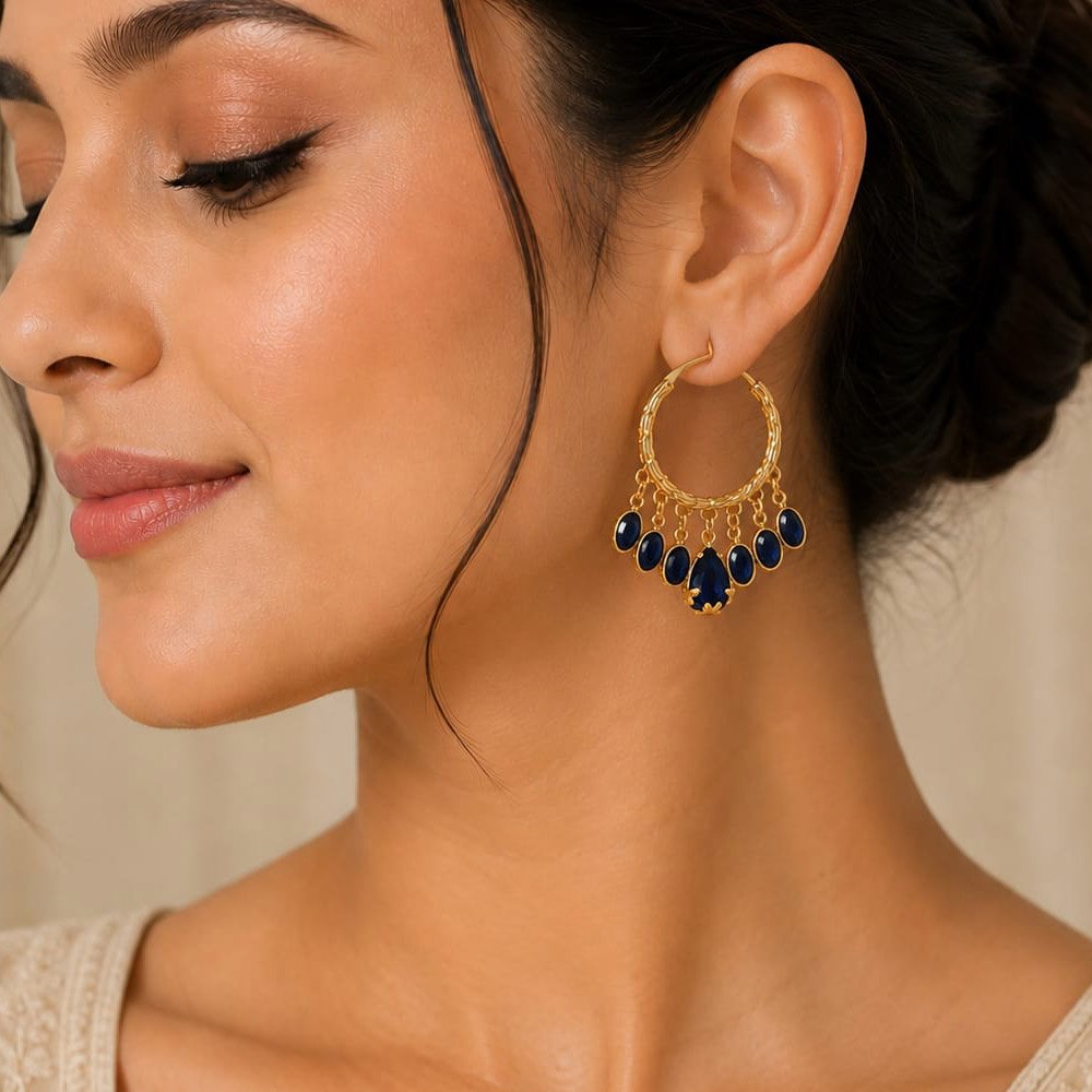 Gold Plated Blue Stone Hanging Hoop Earrings (Art No.365) - Image 2