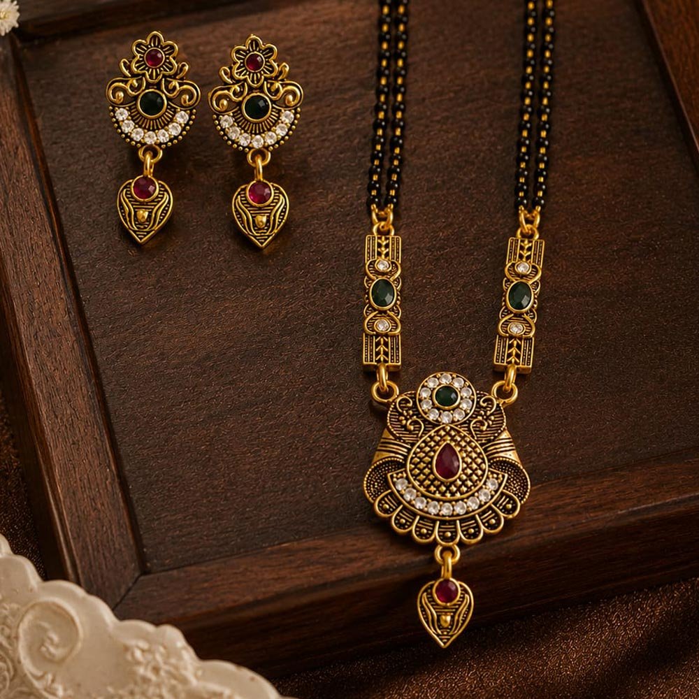 Gold Plated Antique Mangalsutra Set with Earrings (Art No.356) - Image 3