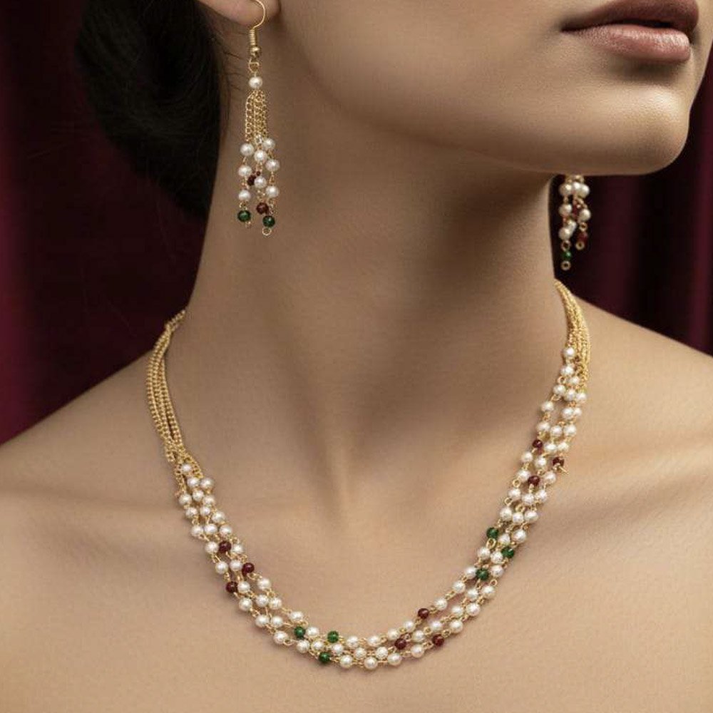 Gold Plated Multi Layer Pearl Beaded Necklace With Matching Earrings (Art No.222) - Image 2